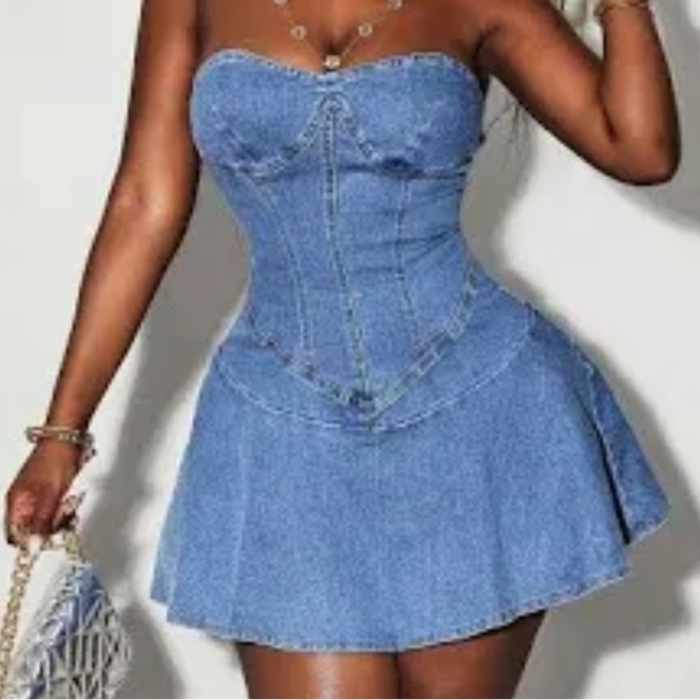 Iris Blue Denim Strapless Dress